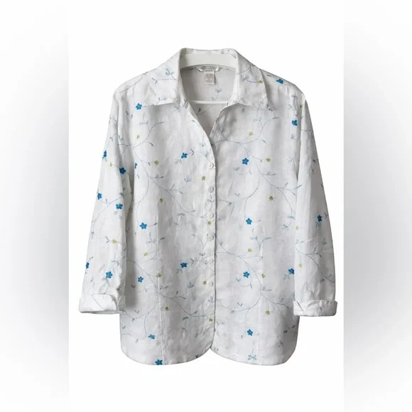 Sarah Spencer 100% Linen Embroidered Floral Button Front Shirt 2X White Blue - Picture 1 of 10